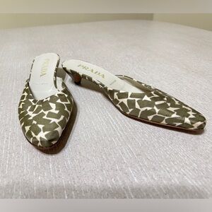 Prada Olive & White Patterned Satin Pointed Kitten-Heel Mules